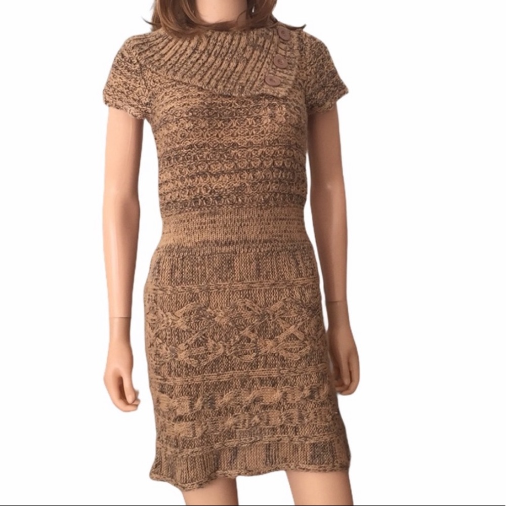 Windsor Brown Cable Knit Sweater Dress Short Sleeve Button Detail
